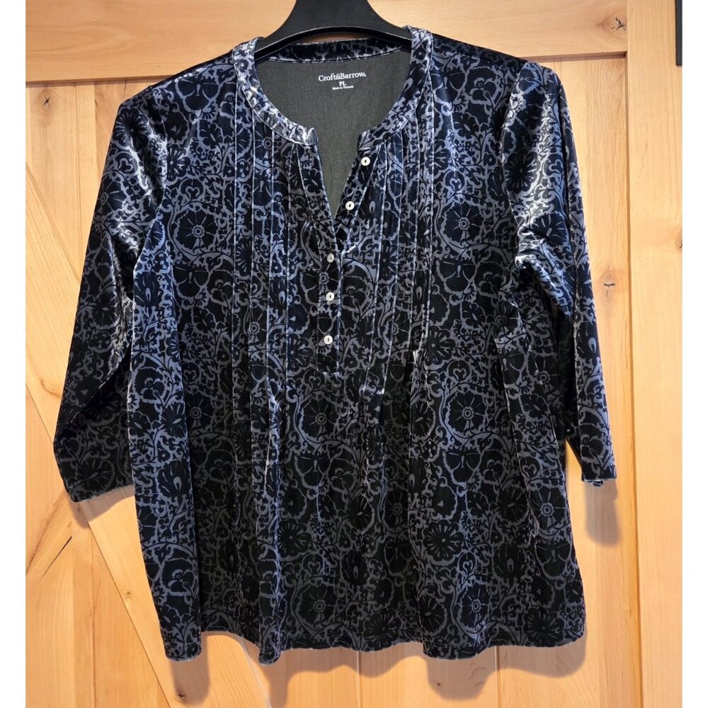 Croft & Barrow Blouse Top Womens PL Black Floral Velvet Tunic Pleated Corp Goth